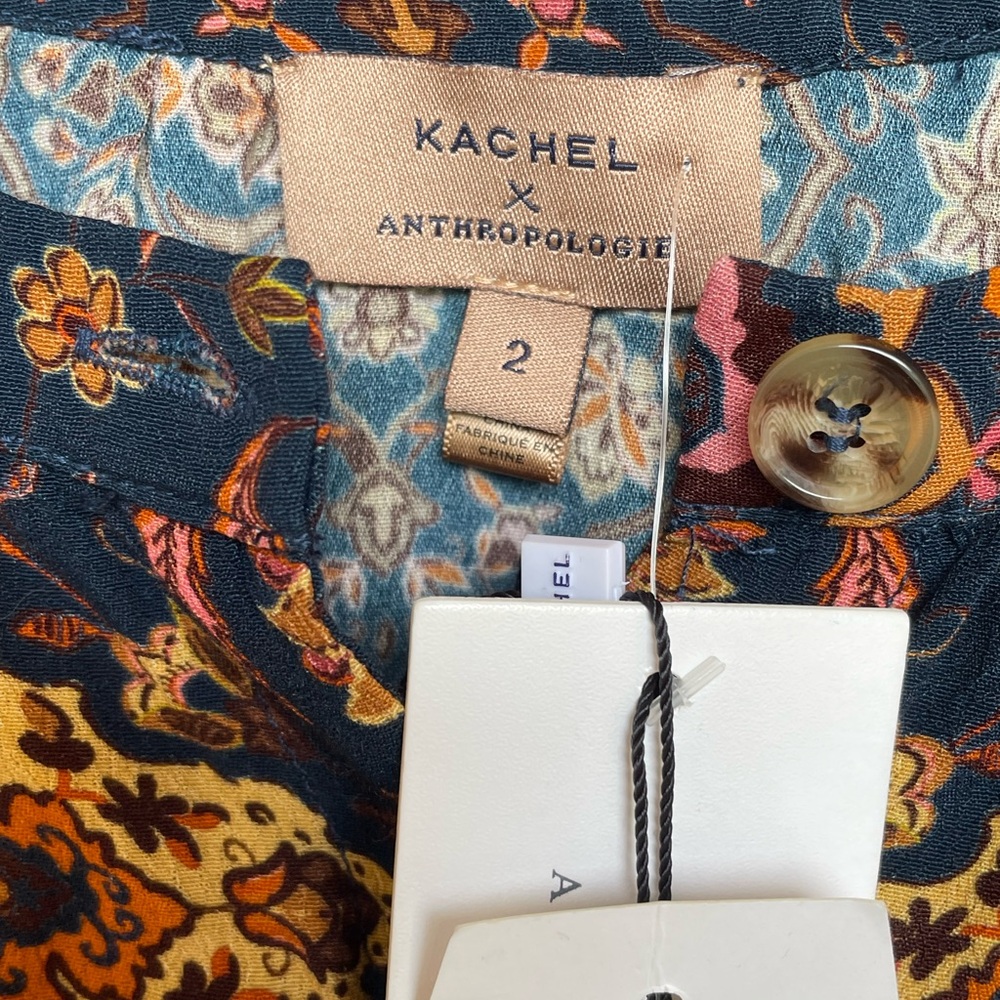 Kachel X Anthropologie Blue Gold Button Front Tie Sleeve Shirt - Picture 5 of 5